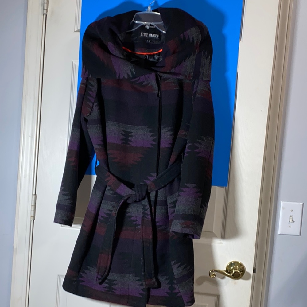 Steve Madden Alba Double Breast Coat with a tie belt attached hood or as a scarf